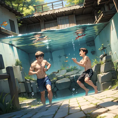 Two boys swimming together，Spring water，Raised sexy，Small fish