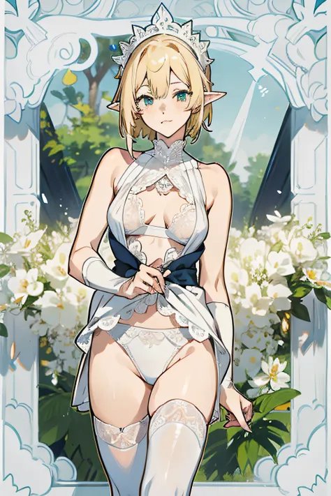 Blonde elf，Mature wife，Wear conservative casual clothes，It was a hostess of a hostel，Human wife face，Wearing white lace stockings，Wearing a white lace bra and white briefs