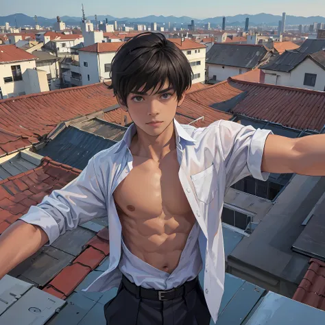 Serious 14-year-old looking at the city from the roof of the school. el hombre esta sin camisa cabello azul largo