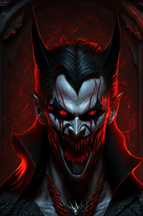 "Vampire with long fangs and bloodshot eyes, exuding sinister aura, bat-like ears, drooling with fangs out, embodying pure evil. Create a Gothic art masterpiece with Classicism influences, focusing on anatomical correctness and super detailed rendering. En...