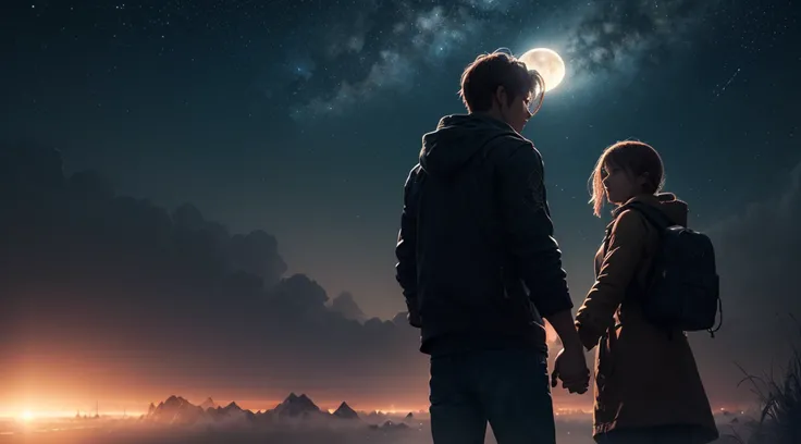 A couple holding hands, (ultra-detailed:1.5), cinematic angle, floating, (detailed light), beautifully detailed sky, (moonlight), starry sky, (lighting particle), fog, snow, (painting), (sketch), Screen 16:9, lifelike texture, Hires upscale: 1.7, Hires ups...