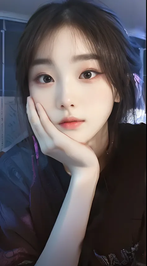 There was a woman sitting down，hand on chin, 🤤 girl portrait, jaeyeon nam, Shin Jinying, soft eyes and narrow chin, pale round face, ulzzangs, lofi portrait, Choi Hyun-hwa, young lovely Korean faces, with cute - fine - face, wan adorable korean face, soft ...