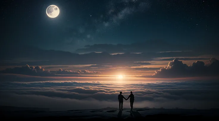 (Under the huge moonlight, A couple holding hands, (ultra-detailed:1.5), 32k, cinematic angle, floating, (detailed light), beautifully detailed sky, starry sky, (lighting particle), fog, snow, (painting), (sketch), lifelike texture, Hires upscale: 1.7, Hir...