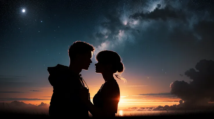 (Under the huge moonlight, A couple holding hands, (ultra-detailed:1.5), 32k, cinematic angle, floating, (detailed light), beautifully detailed sky, starry sky, (lighting particle), fog, snow, (painting), (sketch), lifelike texture, Hires upscale: 1.7, Hir...