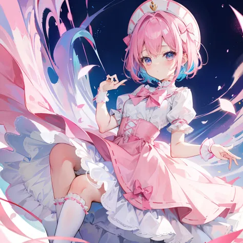 Short pink-blue hair，Wearing a pink and white bow princess dress，White stockings，She is a cute cute girl