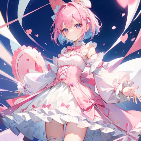 Short pink-blue hair，Wearing a pink and white bow princess dress，White stockings，She is a cute cute girl