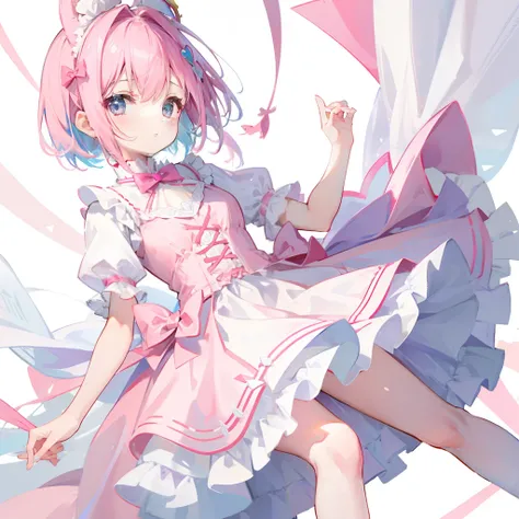 Short pink-blue hair，Wearing a pink and white bow princess dress，White stockings，She is a cute cute girl