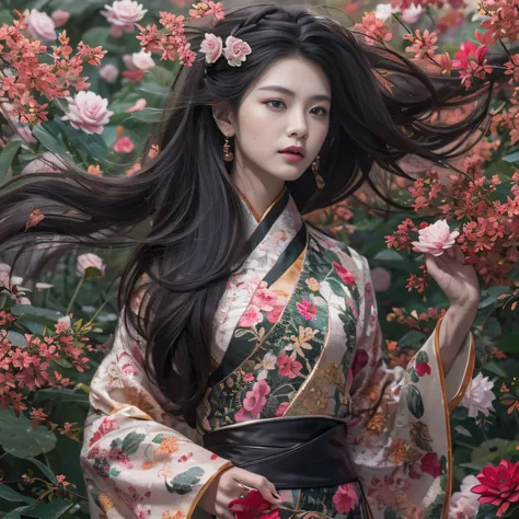 32K（tmasterpiece，k hd，hyper HD，32K）Long flowing black hair，ponds，zydink， a color，  Xuzhou people （seductiv）， （Flush female blood silk scarf）， Combat posture， looking at the ground， long whitr hair， Floating hair， Carp pattern headdress， Chinese long-sleeve...