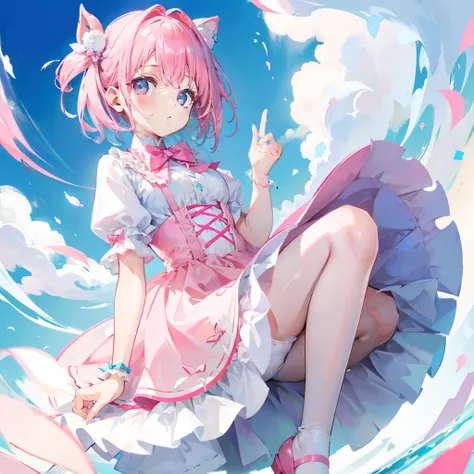 Short pink-blue hair，Wearing a pink and white bow princess dress，White stockings，She is a cute cute girl