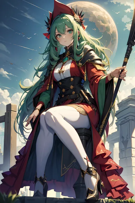 best qualityer，tmasterpiece，Ultimate resolution，downy，Extremely colorful，Colorful，Skysky，hilltop，（Red magic robe long dress），Long flowing green hair，The Witch，a matural female，red high heel pumps，Sit on a magical broom，flight，Normal posture