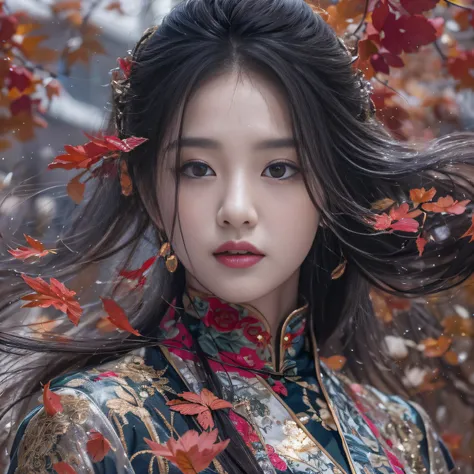 32K（tmasterpiece，k hd，hyper HD，32K）Long flowing black hair，ponds，zydink， a color，  Xuzhou people （Seduce girls）， （Red scarf in the snow）， Combat posture， looking at the ground， long whitr hair， Floating hair， Carp pattern headdress， Chinese long-sleeved si...