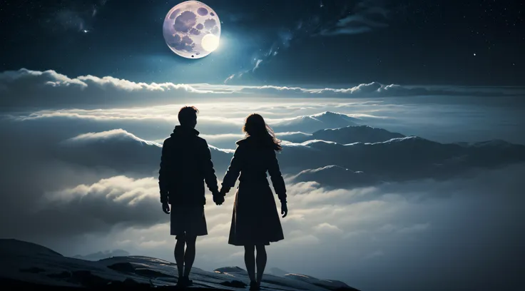 (Under a huge moonlight:1.5), A couple holding hands, Many starlight, (ultra-detailed:1.5), 32k, cinematic angle, floating, (detailed light), beautifully detailed sky, starry sky, (lighting particle), fog, snow, (painting), (sketch), lifelike texture, Hire...