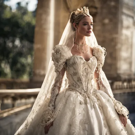 Best quality, Masterpiece, a stunningly beautiful Greer Grammer as a royal bride wearing a stately and elaborate royal wedding dress of white satin and tulle adorned with huge ribbon bows, lace, frills, flounces, embroidery and jewels, with enormous puffed...