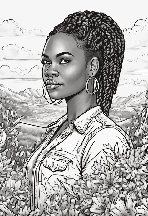 beautiful black woman, detailed cornrows hairstyle looking at camera, (field of flowers), ((closeup)), portrait, clouds, line art, coloring book, cartoon style