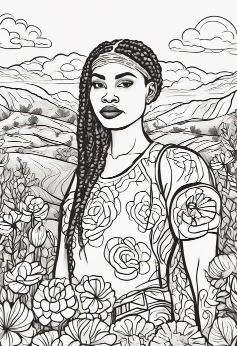 beautiful black woman, detailed cornrows hairstyle looking at camera, (field of flowers), ((closeup)), portrait, clouds, line art, coloring book, cartoon style