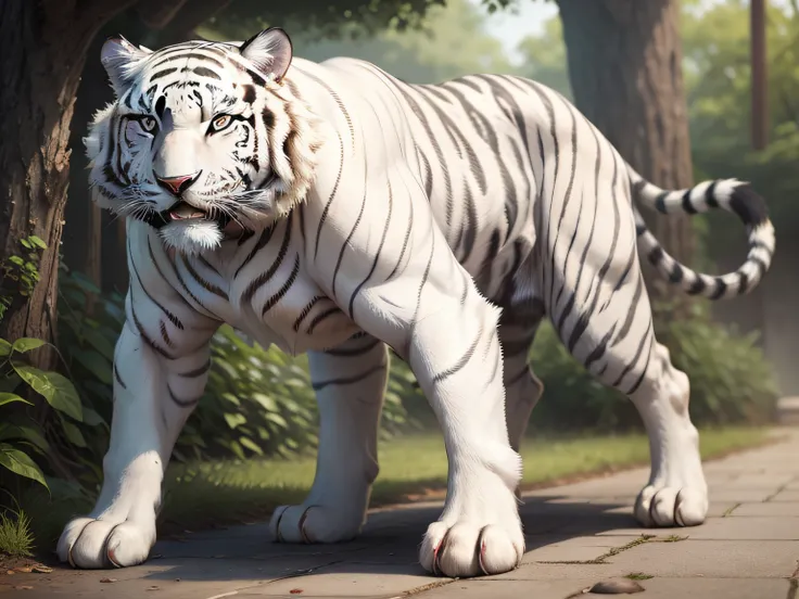 The white tiger wagged its tail，Look at the camera amusedly