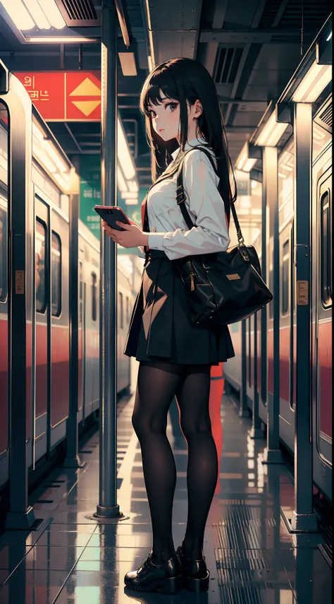 masterpiece, extremely detailed, highly detailed, best quality, train station platform, subway tunnel, solo, 1 girl, whole body facing to the right, middle of train platform, scrolling on phone, korean fashion