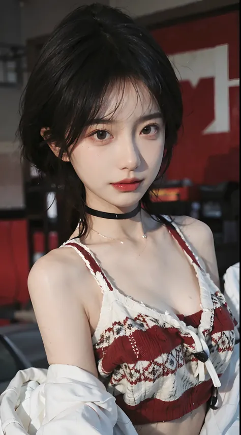 best qualtiy， 超高分辨率， （realisticlying：1.4），Baoyu Girl，lipsticks，1girll, ,Cropped red sweater，a sense of atmosphere，Beautiful woman with a slim figure:1.4, Abs:1.1,   浴室,Ultra-fine face，Leather clothes，Elaborate Eyes，二重まぶた，choker necklace