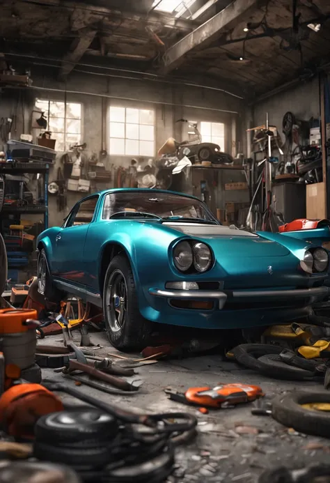 Imagem ultrarrealista, Sports car inside a messy workshop.