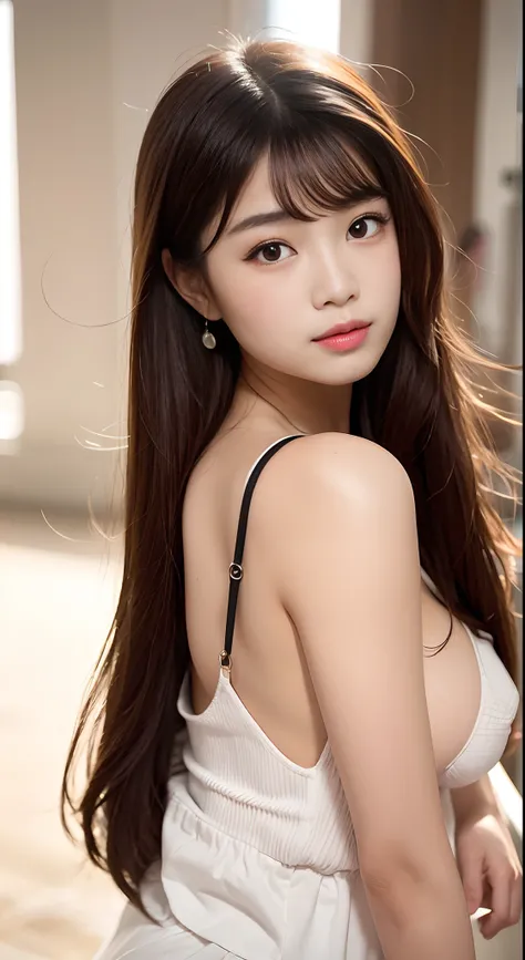 arafed asian woman with long brown hair and a white top, Gorgeous young Korean woman, Beautiful young Korean woman, (((beautiful countenance))),(((big eye))),(((Beautiful eyes))),(((long lashes))),((Beautiful teeth alignment)),beautiful Korean women, Beaut...