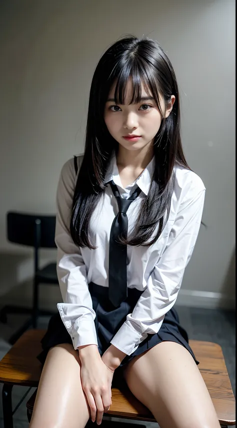 (8K, Raw photography, top-quality, ​masterpiece:1.2),  One Woman、Japan at the age of 18,fullllbody.{scinematic angle、Wide Angle}（Realistic Skins 1.4）、（（（female high-school student、School Uniforms、）））、{{Sitting on a chair、simple background、Gray background}}...