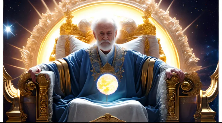 super high resolution, best quality, photo, 16k, (photorealistic: 1.2), cinematic lighting, An old man in the shape of a mythical god. Depict the god holding the sun and moon, enveloped by a radiant aura. Seat them on a magnificent throne within a cosmic b...