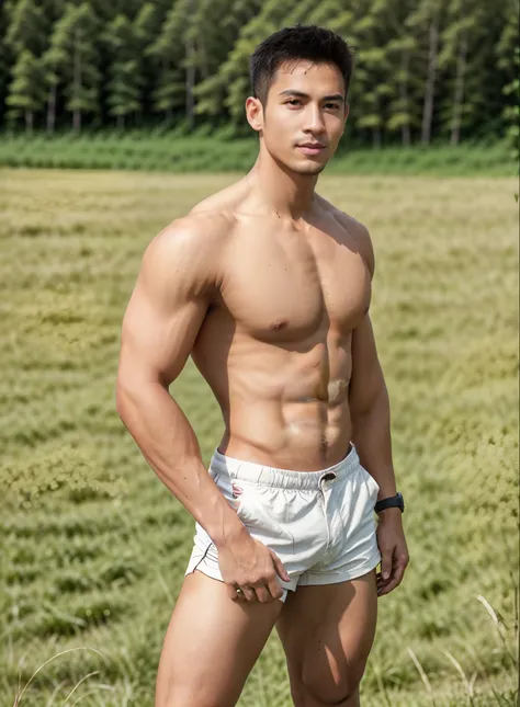 there is a man standing in the grass with his hands on his hips, ayan nag, inspired by Adam Dario Keel, full body photogenic shot, male model, with abs, distant full body shot, masculine pose, modeling shoot, mohamed chahin style, full body model, full bod...