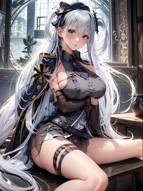 （Enrich the picture，Masterpiece level quality）Beautiful 8K CG artwork，Goddess-like posture，Sitting in the cabin of an airplane，Postural exercises，Slim and soft，Translucent skin，Silver hair、The beauty of extra-long hair, Super Long Straight Hair，The skin is...