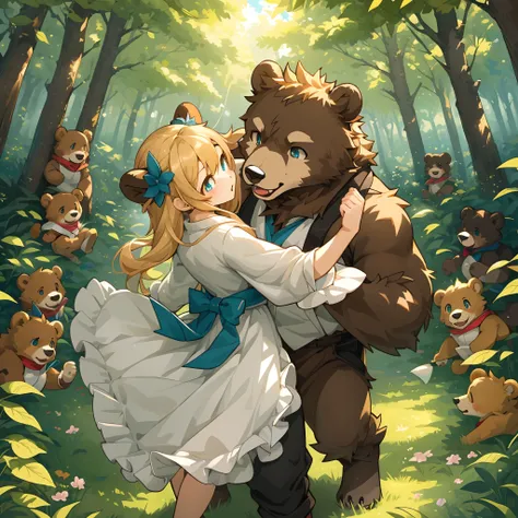 top quality, best quality, High-quality illustrations, masterpiece, super high resolution, detailed background, forest(super cute 1girl, bear, pair)singing, dancing, waltz, 6+boys, 6+girls, absurdres(highly detailed beautiful face and eyes)perfect anatomy,...