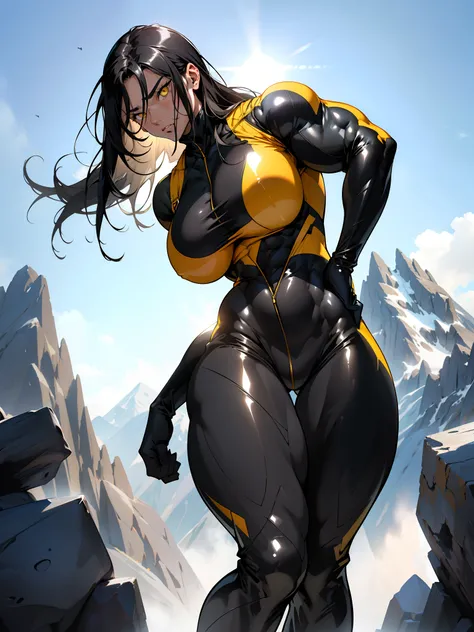 ((1girl)), black hair, (extremely long hair), yellow eyes, ((huge breasts)), ((thick thighs)), (solo), angry, (pale skin), sweaty, (shiny skin), ((((body suit)))), ((((((((muscular)))))))), (((wide hips))), mountain range background