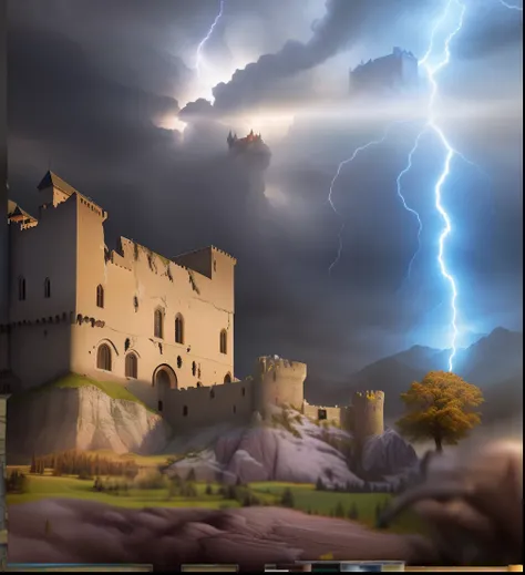 Image of a castle with a tree and a lightning bolt, dramatic matte painting, castle destroyed, pintura fosca fotorrealista, Pintura fosca 3d, pintura fosca realista, pintura fosca, Detailed lighting and thunder, cinematic lightning and colors, 3D render e ...