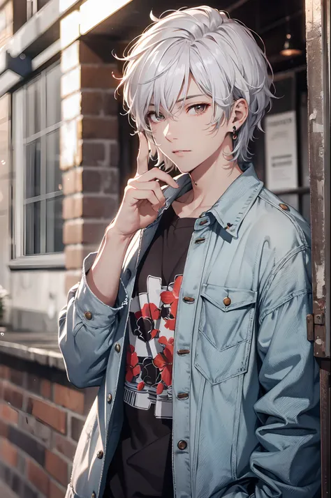 (absurdres, highres, ultra detailed, HDR), masterpiece, best quality, a boy, solo, handsome, short hair, white hair, finely eye and detailed face, casual clothes, real shadow, lift hand in peace sign, joyful, ear piecing,