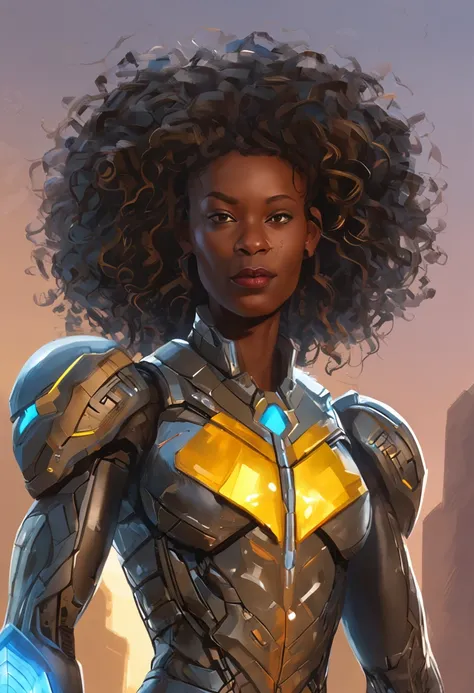 Only [1 Black Female, Curly Hair, African Ethnicity, Standout Light Blue Eyes], wearing Spider-Man Costume + Cybernetic Armor, Black with Gold Parts, Curly Hair, Very Short Hair, Very Mecha Suit, Blue Eyes , his eyes looking directly at the viewer with shy...