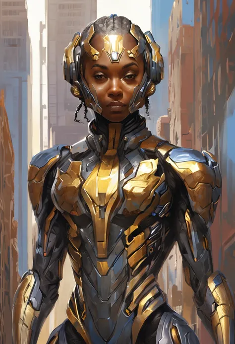 Only [1 Black Female, Curly Hair, African Ethnicity, Standout Light Blue Eyes], wearing Spider-Man Costume + Cybernetic Armor, Black with Gold Parts, Curly Hair, Very Short Hair, Very Mecha Suit, Blue Eyes , his eyes looking directly at the viewer with shy...