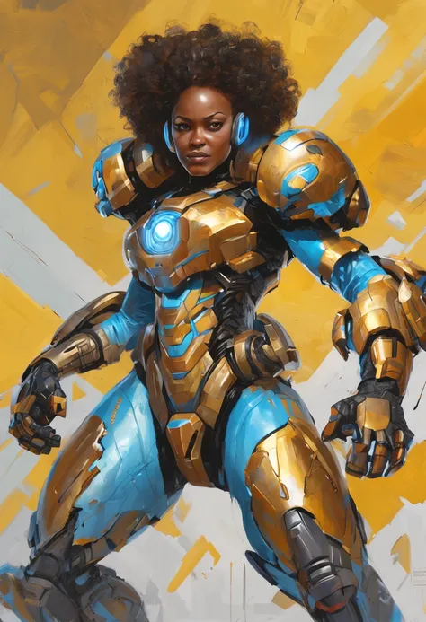 Only [1 Black Female, Curly Hair, African Ethnicity, Standout Light Blue Eyes], wearing Spider-Man Costume + Cybernetic Armor, Black with Gold Parts, Curly Hair, Very Short Hair, Very Mecha Suit, Blue Eyes , his eyes looking directly at the viewer with shy...