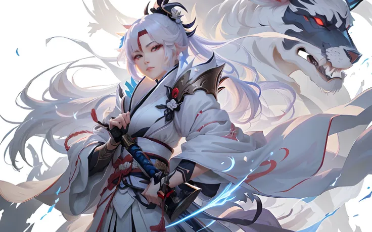 Anime - Stylistic image of a woman with a sword and a demon, From the night of the ark, Onmyoji detailed art, Keqing from Genshin Impact, onmyoji, arknight, Genshin impacts character, zhongli from genshin impact, flowing white robe, Genshin, by Yang J, onm...