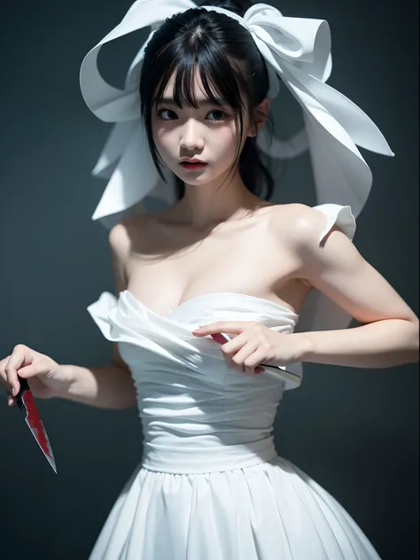 8K、Top image quality、​masterpiece、25-years old、(1 adult female)、White Off Shoulder Dress、Horror style、High-speed shutter、motion-blur、Action Figures、angry expressions、The dim、A knife with blood glows suspiciously、various parts of the body are cut out and bl...