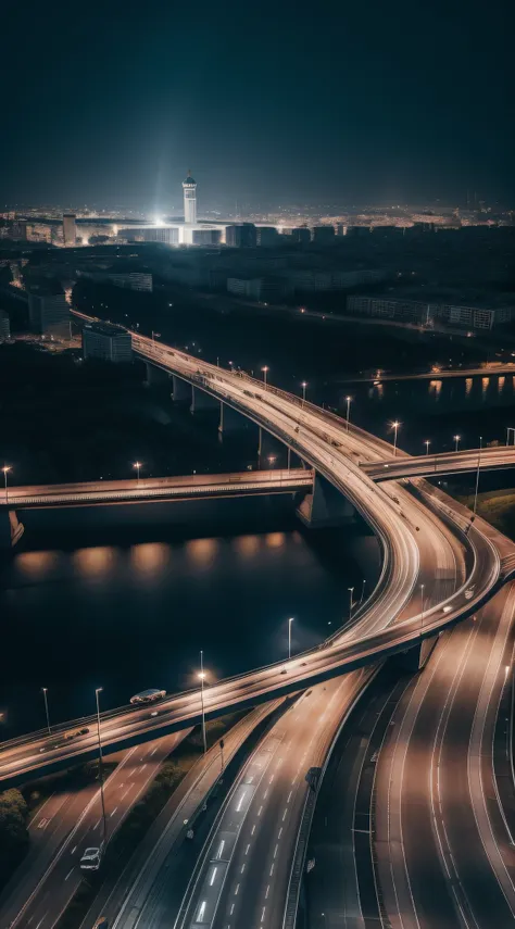 Create a dark sky over Moscow showing below the beginning of a bridge with cars passing with luxury cars only and as if on a night on moonlight with high quality in the clouds with luminosity of the sun, focado mais no ceu cheio de nuvens como se fosse cho...