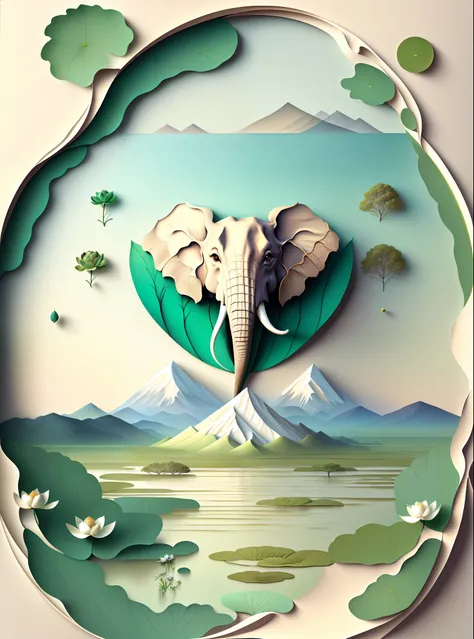 big Elephant in a Natural and organic depictions of vast landscapes, distant mountains and near waters, lotus blooming, featuring earth tones and botanical motifs, drawing on connections with nature and the environment, influenced by botanical illustration...