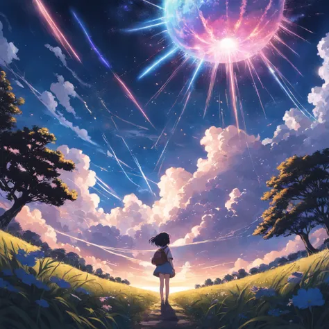 Makoto Shinkai, Expansive landscape photograph , (View from below，Displays the sky above and the clearing below), a girl standing on flower field looking up, (full moon:1.2), ( meteors:0.9), (Starcloud:1.3), Far Mountain, Tree BREAK Production Art, (Warm l...