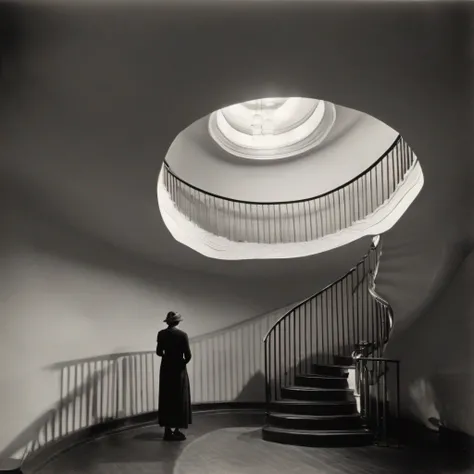 vintage 1920s black and white photograph by photographer andre kertesz, woman at the base of a spiral staircase looks up, powerful light