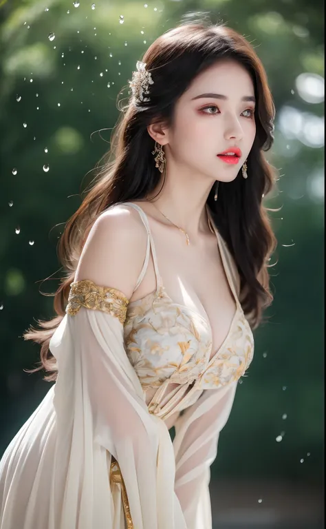 ((Best Quality, 8k, Masterpiece: 1.3)), Focus: 1.2, Perfect Body Beauty: 1.4, Buttocks: 1.2, ((Layered Haircut)), (Wet Clothes: 1.1), (Rain, Street:1.3), (Breasts: 1.2), (Hanfu: 1.2), Bare Shoulders, Bare Legs, Highly Detailed Face and Skin Texture, Fine E...