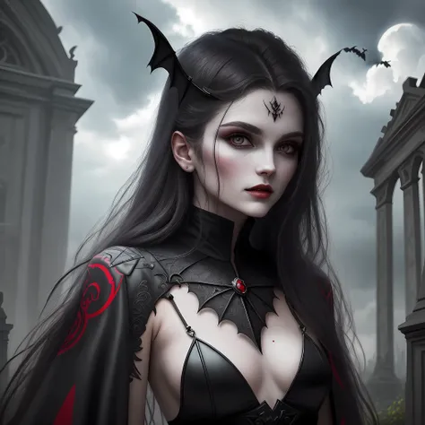 Close-up of two vampires，Stay in a magnificent cemetery，（Cemetery female vampire facing the audience:1.2），（Male vampires inside the cemetery face the audience:1.2），(There are flying bats in the sky:1.2)，(Old European castle architectural style)，（Moonlight ...