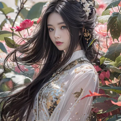 32K（tmasterpiece，k hd，hyper HD，32K）Long flowing black hair，ponds，zydink， a color，  Xuzhou people （Slightly drunk girls）， （Silk scarf）， Combat posture， looking at the ground， long whitr hair， Floating hair， Carp pattern headdress， Chinese long-sleeved cloth...