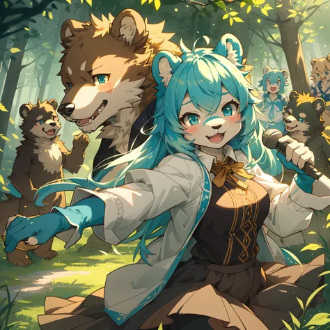 top quality, best quality, High-quality illustrations, masterpiece, super high resolution, detailed background, forest(super cute 1girl, bear, pair)singing, dancing, waltz, 6+boys, 6+girls, absurdres(highly detailed beautiful face and eyes)perfect anatomy,...