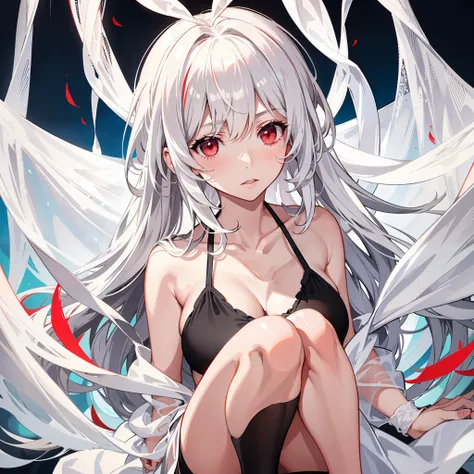 Short white shawl hair，Messy hair curtains，red color eyes，Be red in the face，black bathing suit，Slightly better figure，white stockings，Transparent coat，shyexpression，chiquita