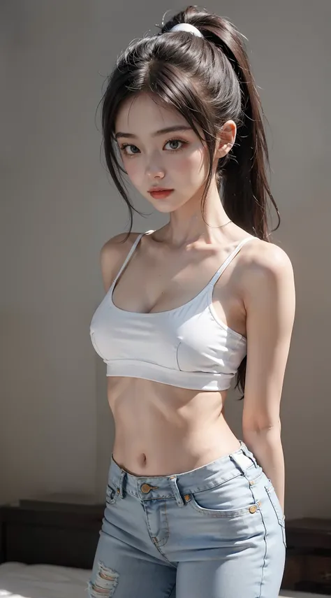 Girl posing for photo in white bra and tight denim，full bodyesbian，With a cropped T-shirt、brassier，Slim body，Smaller bust，Slim girl model，24 years old female model，Long hair，Single ponytail