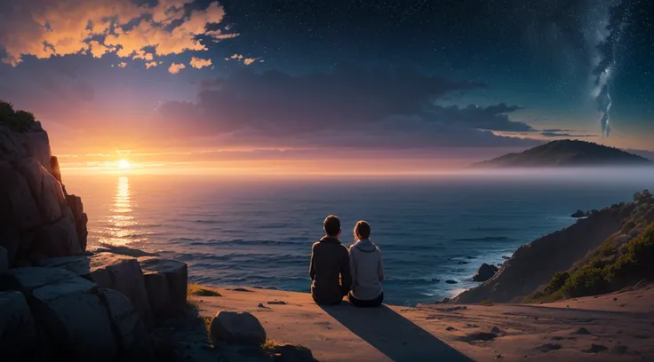 (Sunrise by the sea:1.5), A couple sitting by the sea, Many starlight, (ultra-detailed:1.5), 32k, cinematic angle, floating, (detailed light), beautifully detailed sky, starry sky, fog, snow, (painting), (sketch), lifelike texture, Hires upscale: 1.7, Hire...