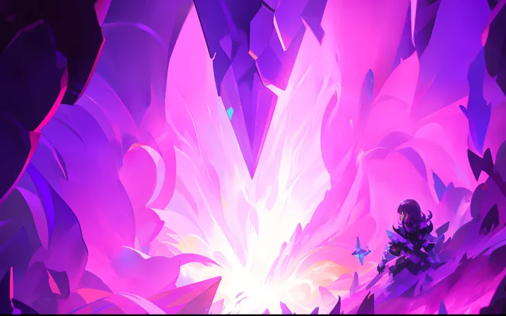 Purple and white crystals，fond violet, purple fire around magic arena, explosion background, Bright explosion, purple glowing core in armor, glowing crystal cave, background artwork, infinite crystal ascent, explosion background, style of duelyst, Colorful...