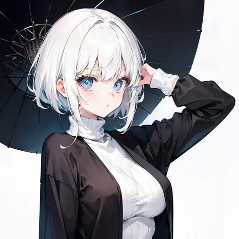 Short milky white hair，Black and white turtleneck sweater，A cute cute girl